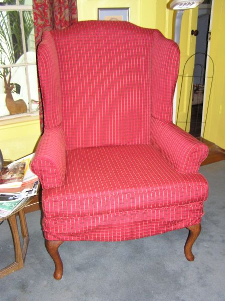 red windowpane plaid wing chair slipcover